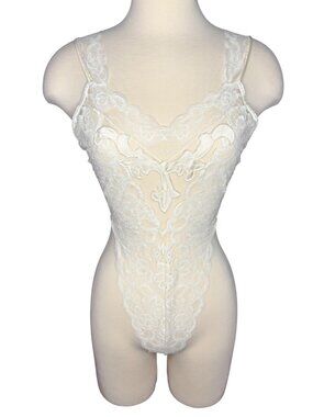 Vintage Victoria's Secret Lace Sheer White Teddy Bodysuit Thong Lingerie S/P